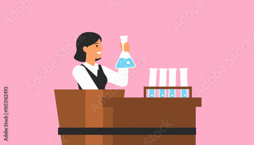 Scientist in Laboratory Holding Beaker with Liquid Experiment over Pink Background