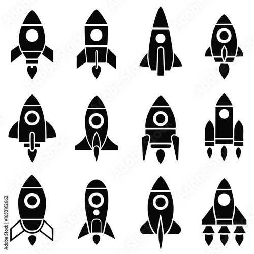 Rocket Ship Icon Set, Launch Symbols Collection, Start Up Vector, White Background
