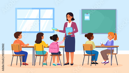Happy diverse children learning from a female teacher in a vibrant elementary school classroom. A vector illustration representing education and knowledge.