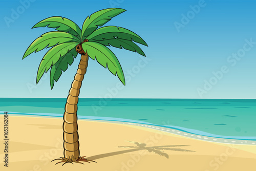 Palm tree on the beach. Vector illustration in cartoon style.