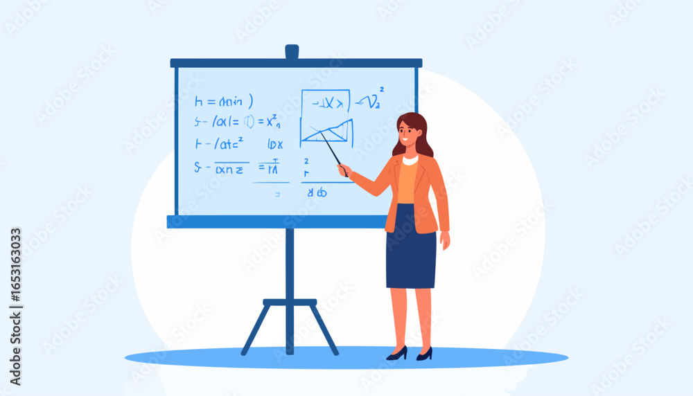 Fototapeta premium Female teacher or professor explaining complex mathematical formulas and geometry on a whiteboard during a lesson or lecture