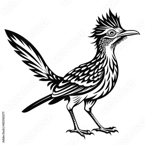 Monochrome Roadrunner Illustration Capturing Nature's Speedster A Detailed Wildlife Depiction of the Iconic Bird's Form and Distinctive Plumage