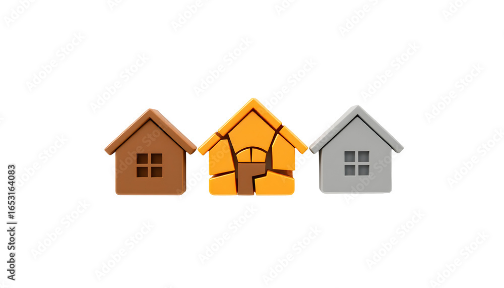 Three stylized houses brown damaged and grey Three stylized houses brown damaged and grey