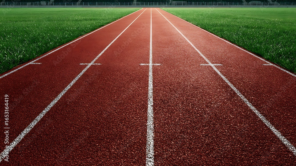 Fototapeta premium A Pristine Red Running Track With White Lane Markers Leads Towards a Distant Horizon Under a Clear Blue Sky