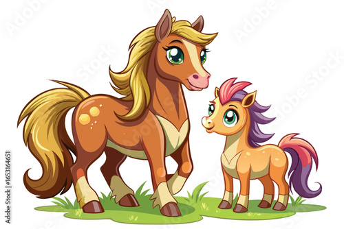 Charming Cartoon Horses A Mother and Foal on a Lush Green Meadow in a Whimsical Scene