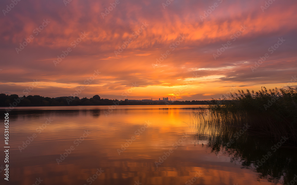 Vibrant Sunset Over Calm Lake with Distant City Skyline Vibrant Sunset Over Calm Lake with Distant City Skyline