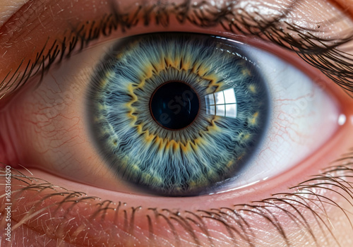 A detailed macro photograph of a human eye, showing the intricate details of the iris and pupil. A concept for vision, identity, security, biometric scanning, and human biology.