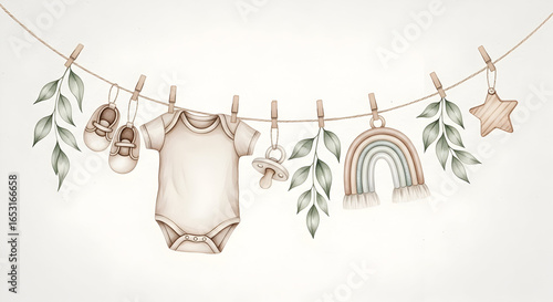 Watercolor baby illustration with clothing and accessories hanging on a clothesline. Onesie, shoes, rattle, pacifier and leaves. Drawing of childish garland for baby shower or newborn invitations