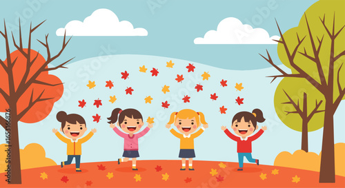 Adobe illustrator artwork vector illustration. Four cheerful girls play in an autumn scene, surrounded by falling colorful leaves and bare trees under a bright sky with fluffy clouds
