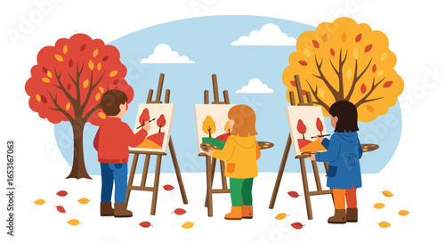 Adobe illustrator artwork vector illustration. Four children enjoy outdoor painting in an autumn park, capturing the colorful fall foliage on their canvases under a bright, partly cloudy sky.