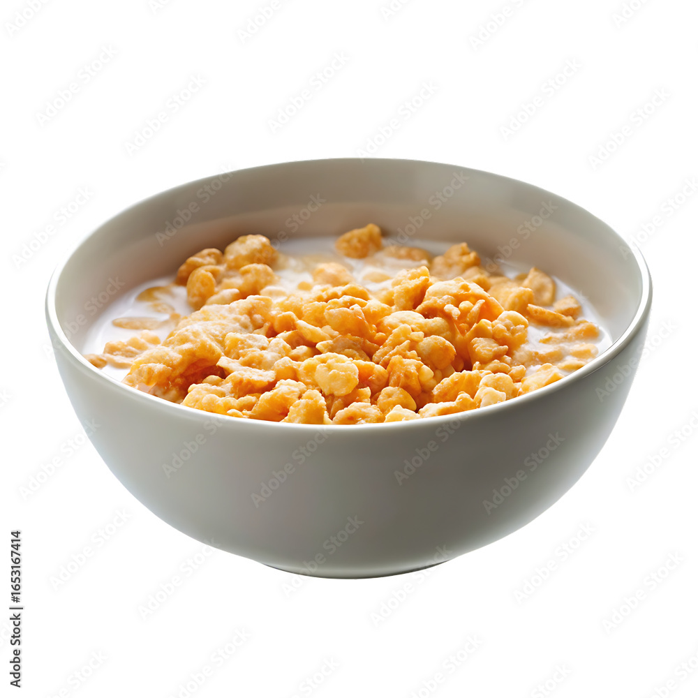 Crunchy cereal with milk in bowl isolated on a transparent background Crunchy cereal with milk in bowl isolated on a transparent background