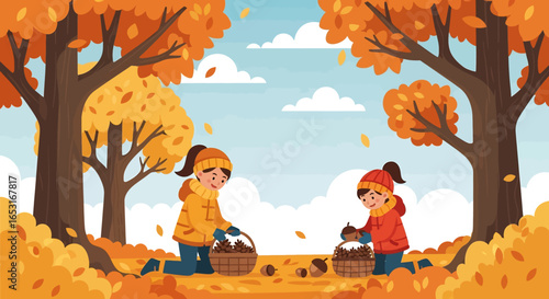Adobe illustrator artwork vector illustration. Three happy children gather acorns in baskets amidst fallen autumn leaves under colorful trees and a bright sky with fluffy clouds