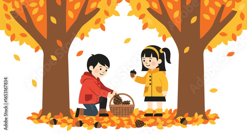 Adobe illustrator artwork vector illustration. Three happy children gather acorns in baskets amidst fallen autumn leaves under colorful trees and a bright sky with fluffy clouds