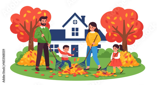 Adobe illustrator artwork vector illustration. A happy family of four rakes and bags fallen autumn leaves in their yard with colorful trees and a house in the background on a bright day.