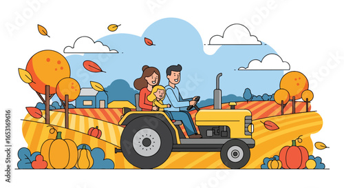 Adobe illustrator artwork vector illustration of a farm family on a tractor hayride. Father, Mother and child enjoying an autumn harvest festival in the countryside. Rural seasonal activity concept.