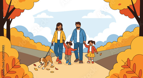 Adobe illustrator artwork vector illustration of a family walking a dog in an autumn park. Happy parents with son and daughter outdoors. Flat cartoon characters for seasonal lifestyle concepts