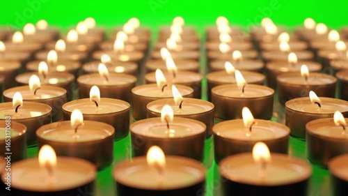 Glowing tea lights illuminate a reflective surface