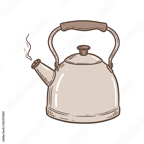 Vintage metal teapot with steam and wooden handle drawing in brown and cream. Vector illustration