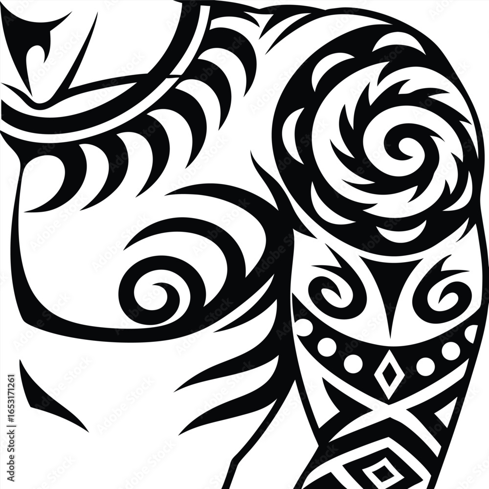 Fototapeta premium Upper Body with Tribal Style Tattoo Art, Intricate Geometric Pattern Design, White Background