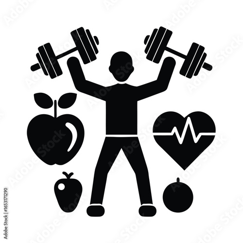 Person lifting dumbbells surrounded by health icons
