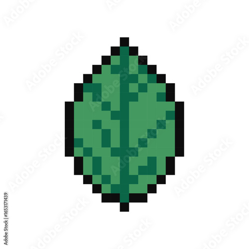 Pixel leaf icon, Retro 8-bit green leaf icon, Pixelated nature symbol, Game-style foliage graphic, Pixel art plant element, Vintage digital leaf sprite, Pixel art.
