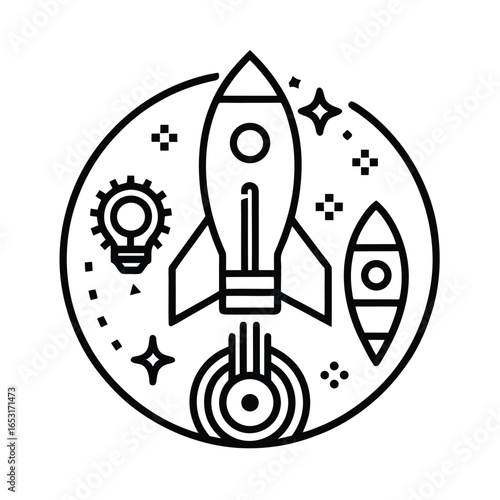 Rocket launch with stars and gears in a circle space