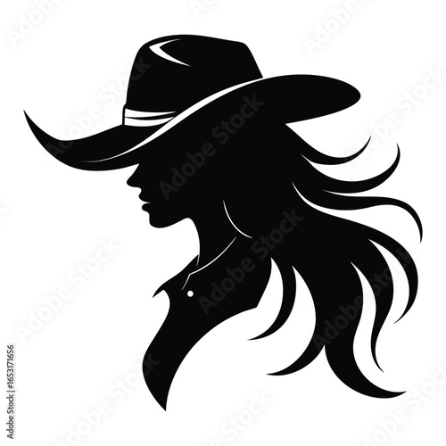 Silhouette of a woman wearing a cowboy hat with flowing hair