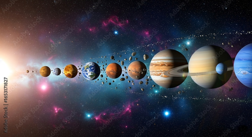 Fototapeta premium Vibrant Solar System with Planets and Sun, Cosmic Nebula Background Illustration