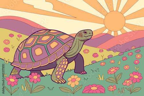 A colorful turtle strolls through a vibrant, flower-filled landscape at sunrise.