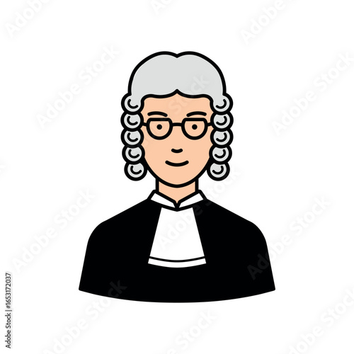 Cartoon judge character with white wig and formal attire. Vector illustration
