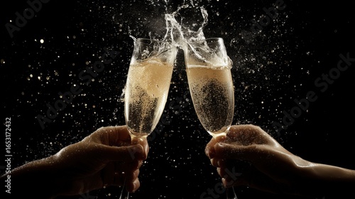 2 hands cheersing champagne flutes that are sparkling the champange splashes out, bright dramatic lighting, isolated on black