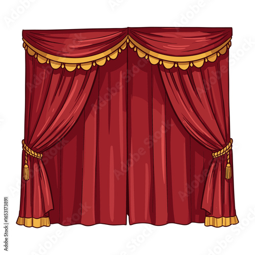 Red theater curtains with gold trim and tassels in a classic closed stage setting. Vector illustration