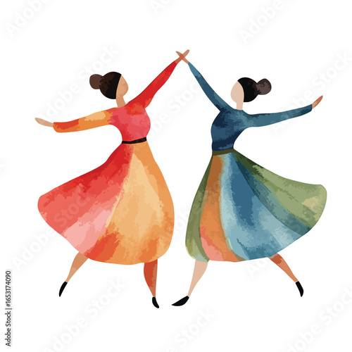 Two Watercolor Dancers Reaching Hands in Joyful Colorful Celebration