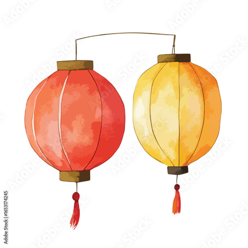 Two Watercolor Lanterns Red and Yellow Connected by a Brown Rod