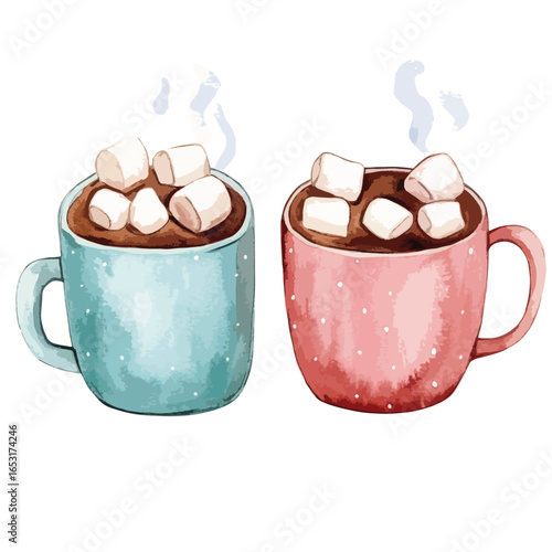 Two Watercolor Hot Chocolate Cups with Marshmallows