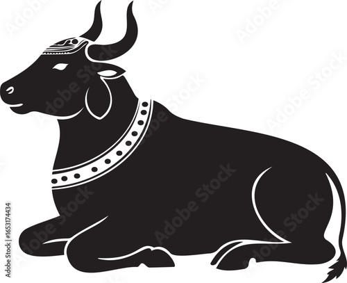 Sacred Cow Silhouette: A minimalist illustration of a revered cow in a contemplative pose, showcasing elegant lines and symbolic grace.