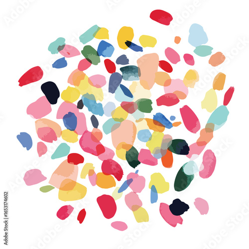 Vibrant abstract array of overlapping brushstroke shapes in diverse colors