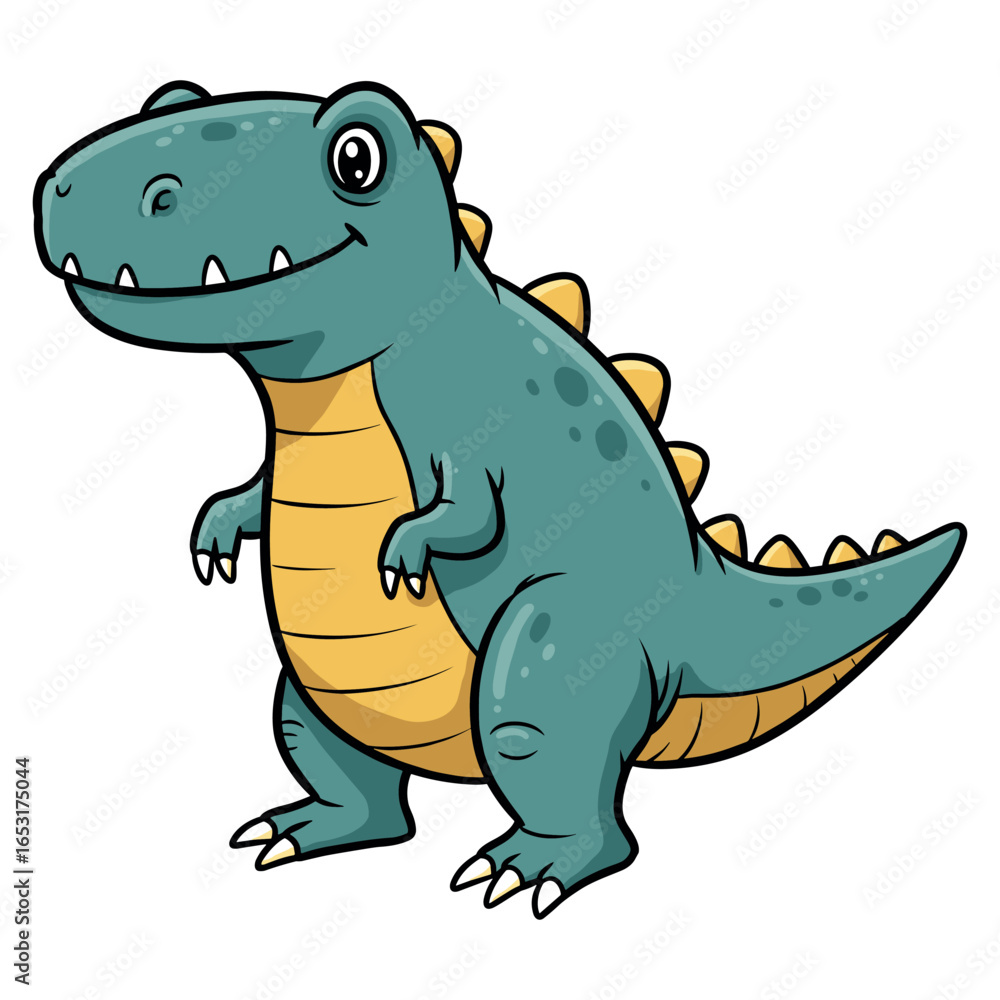 Obraz premium Cute cartoon dinosaur with yellow belly and spikes on white background. Vector illustration