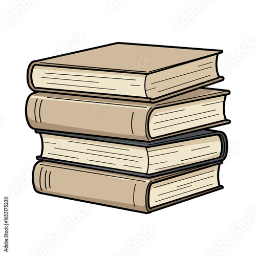 Stack of classic hardcover books with beige covers and white pages on white background. Vector illustration
