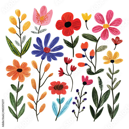 Vibrant Floral Arrangement in Bold Colors and Stylized Shapes