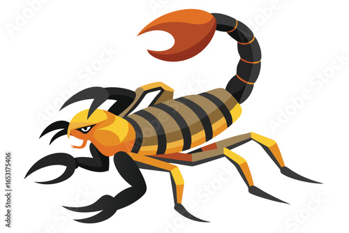 Stylized Scorpion Illustration with Bold Colors and Geometric Shapes Depicting a Fierce and Powerful Arthropod on a White Background