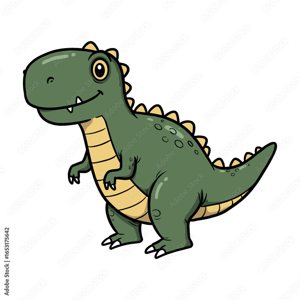 Fototapeta premium Green cartoon dinosaur with spikes and beige belly smiling on white background. Vector illustration