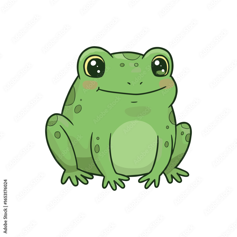 Obraz premium Cute cartoon green frog with big eyes on white background. Vector illustration