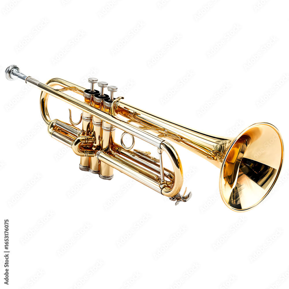 Obraz premium A gleaming brass trumpet with three valves and a bell isolated on transparent background