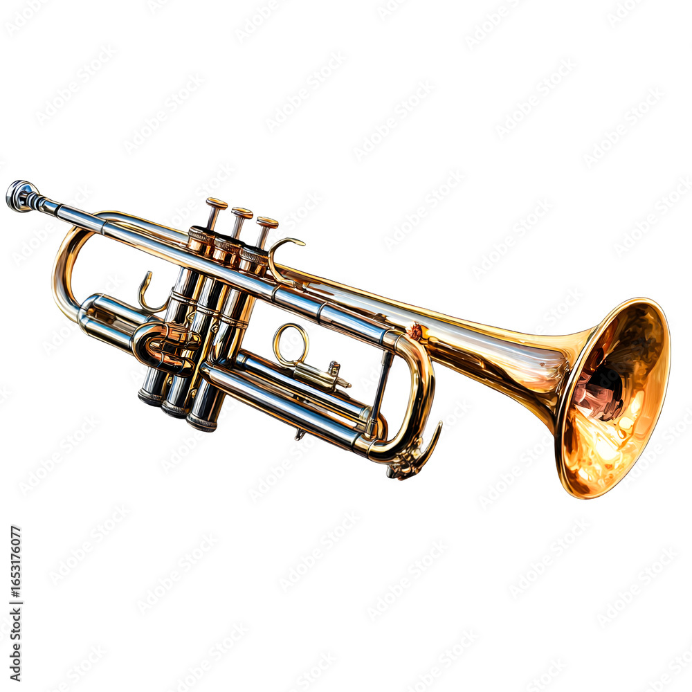 Obraz premium A gleaming brass trumpet with intricate valves and a flared bell isolated on transparent background