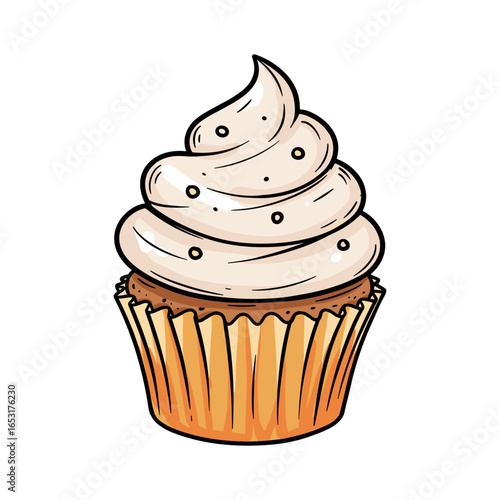 Delicious vanilla cupcake with creamy swirl frosting and decorative sprinkles. Vector illustration