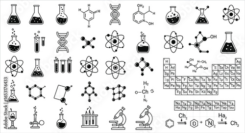 Illustration of chemistry elements, molecules, and lab equipment in black and white style