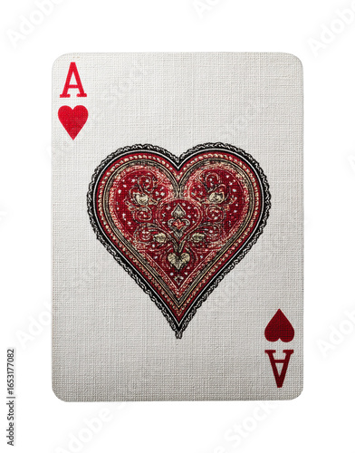 Ace of hearts playing card with intricate red heart design on white background isolated on transparent background, png