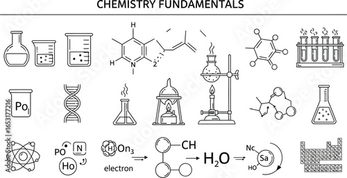 Illustration of chemistry fundamentals with beakers dna molecules and periodic table elements in black and white