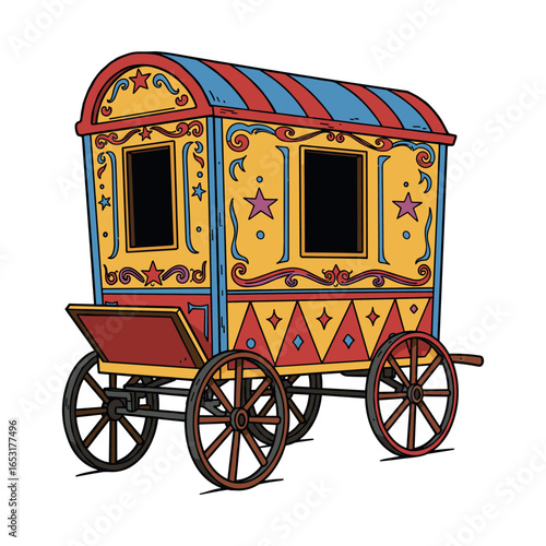 Colorful vintage circus wagon with decorative stars and diamonds. Vector illustration